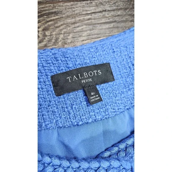 Talbots Tweed Topper Coat Braided Trim Patch Pockets In Blue 4 Petite - Picture 12 of 13